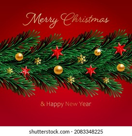 Fir tree realistic branches decorated with Christmas gold balls, red stars, snowflakes. Holiday background or card with season wishes