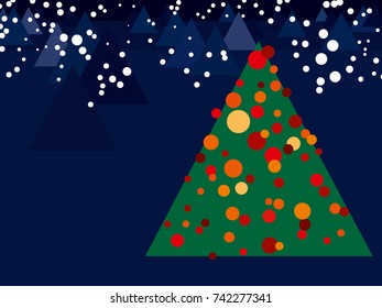 Fir tree with red and yellow baubles and snowflakes in front of a blue winter forest; scalable vector graphics in landscape format 