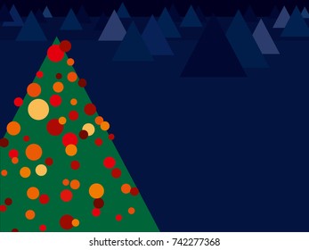 Fir tree with red and yellow baubles in front of a blue winter forest; scalable vector graphics in landscape format 
