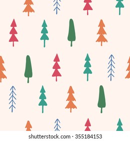 Fir tree seamless pattern colorful. Vector illustration. Christmas trees. Happy New Year background. Winter holidays. Child drawing style trees.