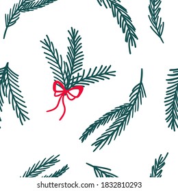 Fir tree seamless pattern. Holiday hand drawn green branches and red bows, winter traditional xmas holidays background, botanical decor textile fabric wrapping paper wallpaper vector texture