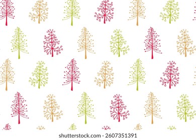 Fir tree seamless pattern vector holiday illustration. New year spruce trees isolates on white background. Hand drawn plants cute endless design. Wrapping paper print pattern. Simple nature.