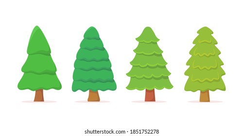 Fir tree set collection hand drawn white isolated background with color flat style vector design