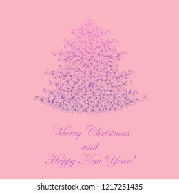 Fir Tree Shape with Lush Needles made with Gradient Colors. Minimalistac Christmas and New Year Greeting Card with Sample Text. Fluffy Lilac-Blue Pine Tree on the Plain Pink Background.