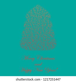 Fir Tree Shape with Lush Needles made with Gradient Colors. Minimalistac Christmas and New Year Greeting Card with Sample Text. Fluffy Ornage-Red Pine Tree on the Bright Turquoise Background.