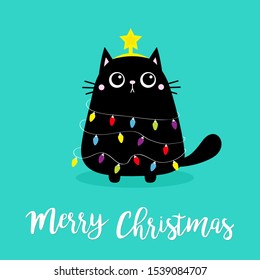 Сat fir tree shape. Merry Christmas. Garland lights bulb string Star. Kitty kitten sitting. Funny Kawaii animal. Cute cartoon baby character Pet collection. Flat design Blue background. Vector