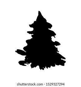 Fir tree silhouette. Black grunge Christmas tree. Watercolor spruce isolated on white background. Vector illustration.