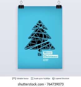 Fir tree silhouette carved in paper. Christmas and New Year background template. Editable vector illustration.