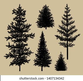 Fir tree silhouette on brown paper background vector illustration