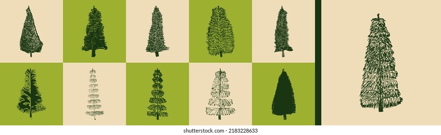 Ilustración del vector de silueta de árbol de filamentos. Ilustración dibujada a mano de pino. Decoración de Año Nuevo y Navidad