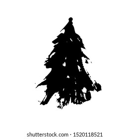 Fir tree silhouettes. Black grunge Christmas tree. Watercolor spruce isolated on white background. Vector illustration
