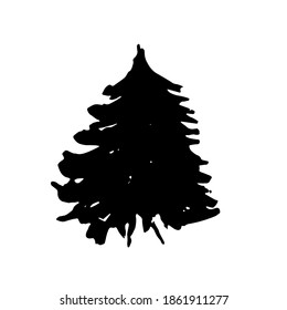 Fir tree silhouettes. Black grunge Christmas tree. Watercolor spruce isolated on white background. Vector illustration