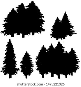 Fir tree silhouettes on white background.
