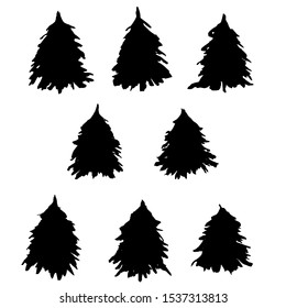 Fir tree silhouettes set. Black grunge Christmas tree. Watercolor spruce isolated on white background. Vector illustration.