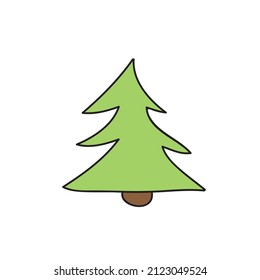 Fir tree simple cartoon icon. Vector illustration on a white background. Hand drawn element