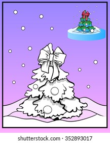 Fir tree in snow. Greeting card. Children's vector illustration.  Coloring book with Christmas tree. Colored page for kids.