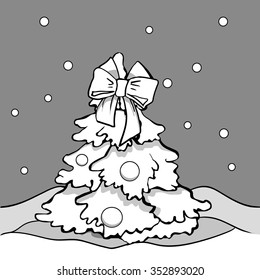 Fir tree in snow. Greeting card. Children's vector illustration.  Coloring book with Christmas tree. Colored page for kids.
