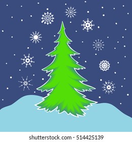 Fir tree and snow. Nine different snowflakes in the set. Vector  illustration.