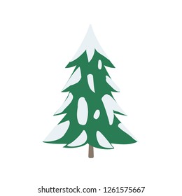 Fir tree in snow on white background. Green fluffy pine, isolated on white background. Winter. Vector illustration. EPS 10.