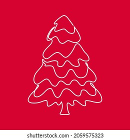Árbol de Pelo con Ilustración del vector de contorno de Nieve. Arte de línea en un fondo rojo. elemento decorativo navideño para web, tarjetas, afiches
