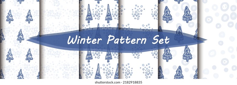 Fir tree and snow seamless vector pattern set