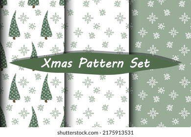 Fir tree and snowflakes seamless vector pattern set