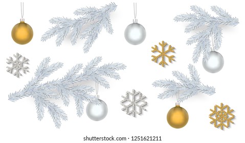 Fir tree Spruce branches set in vector with Christmas balls and shiny snowflakes for banners and cards. New Year's Christmas illustration. Christmas tree