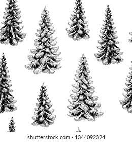 Fir tree spruce graphic black white seamless pattern background sketch illustration vector