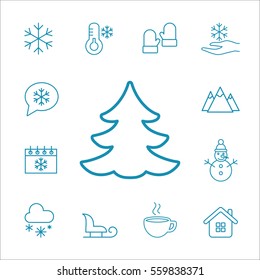 fir tree spruce winter snow line icons set blue on white