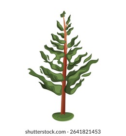 Fir tree standing tall in the wilderness isolated. Vector evergreen plant and nature symbol. Needle branch flora. Coniferous forest or wood, park element. New year and Christmas timber. Outdoor scene.