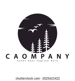 fir tree sun logo template and flying bird