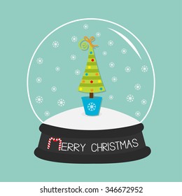 Fir tree, toys, bow. Crystal ball and snowflakes. Merry Christmas card Flat design Blue background. Vector illustration