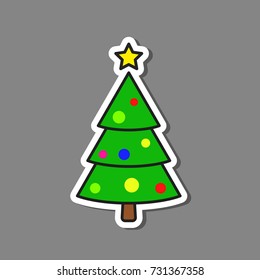 Fir tree with toys sticker. Spruce vector stick icon for decaration.