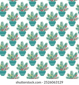 Fir tree twigs with striped Candy cane, Christmas toys and snowflake in flower pot Seamless pattern