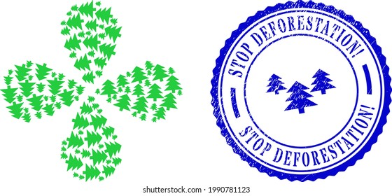 Fir tree twirl flower cluster, and blue round STOP DEFORESTATION Exclamation rubber stamp with icon inside. Object twirl designed from oriented fir tree items. Vector flower collage in flat style.