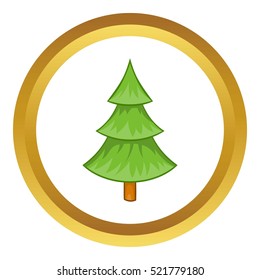Fir tree vector icon in golden circle, cartoon style isolated on white background