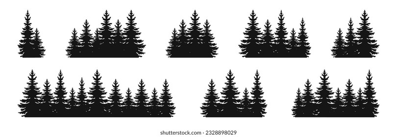 Juego de iconos del vector del árbol de archivos. Siluetas de árboles de aves. Silhouettes forestales. Juego de iconos de los árboles de pino. Vista panorámica de los árboles forestales. EPS 10