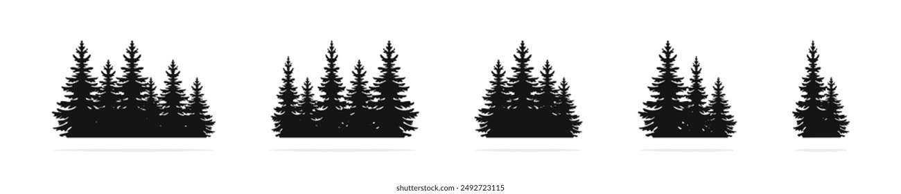 Fir tree vector icon set. Fir trees silhouettes. Forest silhouettes. Pine trees icon set. Forest treetops panorama. EPS 10