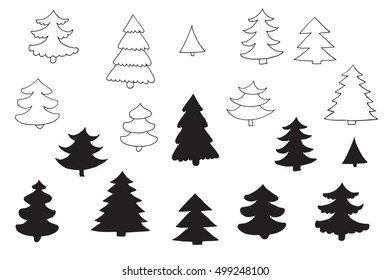 fir tree vector silhouette line set
