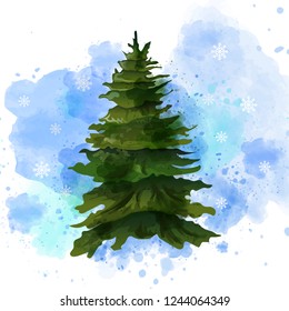 Fir tree Vector watercolor isolated on white. Template layout green Christmas tree without decorations