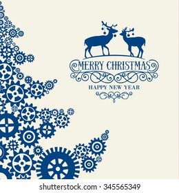 Fir tree of wheels colored blue over gray background. Contour of blue raindeers over merry christmas sign. Vector illustration.