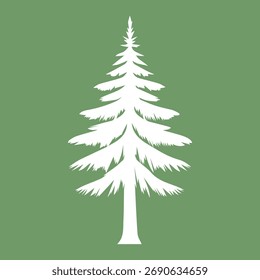 Fir árvore elemento branco no fundo verde, silhueta plana de pinho evergreen. Ilustração vetorial.