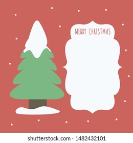 Fir tree with white snow vector. white place for massage & text. merry christmas post or greeting card & snowflakes on red background flat design. winter holiday concept cartoon isolated
