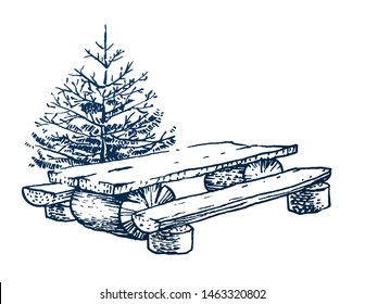 Fir tree, wooden bench and table. Travel symbol, camping tourism. Hand drawn illustration in engraving style. Vector vintage concept isolated on white background.