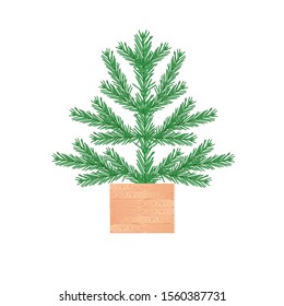 Fir tree in wooden box. Green Christmas tree object isolated on white stock vector illustration for web, for print