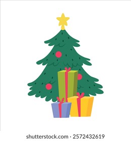 Fir Tree with Wrapped Gift Box and Present Vector Illustration