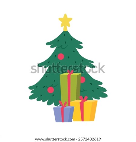 Fir Tree with Wrapped Gift Box and Present Vector Illustration