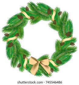 Fir tree wreath with cones, beige ribbon and bow-knot