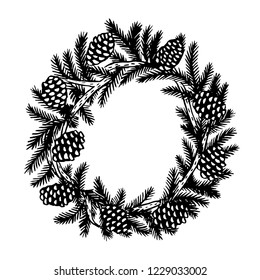 fir tree wreath with cones, vector engraving illustration