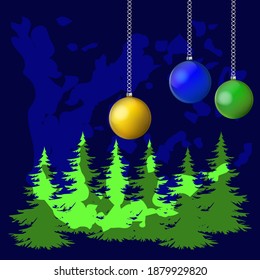 Árboles frutales, bolas navideñas - fondo azul oscuro abstracto - arte, vector. El paisaje invernal.